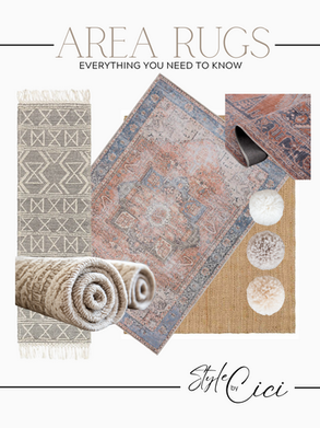 an interior design mood board with area rugs layed out and rolled up and carpet poms