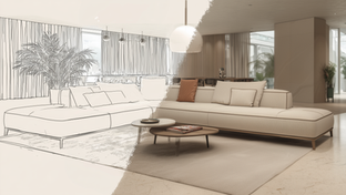 Split-view of a modern beige living room, sketchup model sketch on left and finished interior rendering on right, with sofas, coffee tables, and plants.
