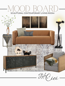 sculptural contemporary living room  interior design mood board with furnishings and décor
