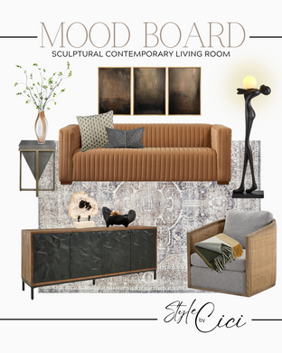 sculptural contemporary living room interior design mood board with furnishings and décor
