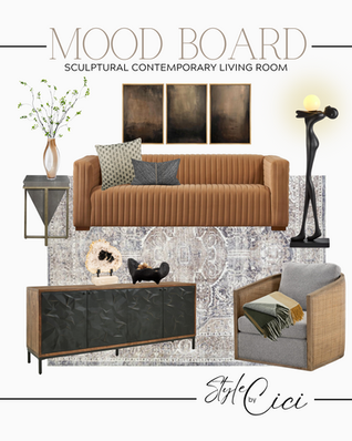 sculptural contemporary living room  interior design mood board with furnishings and décor