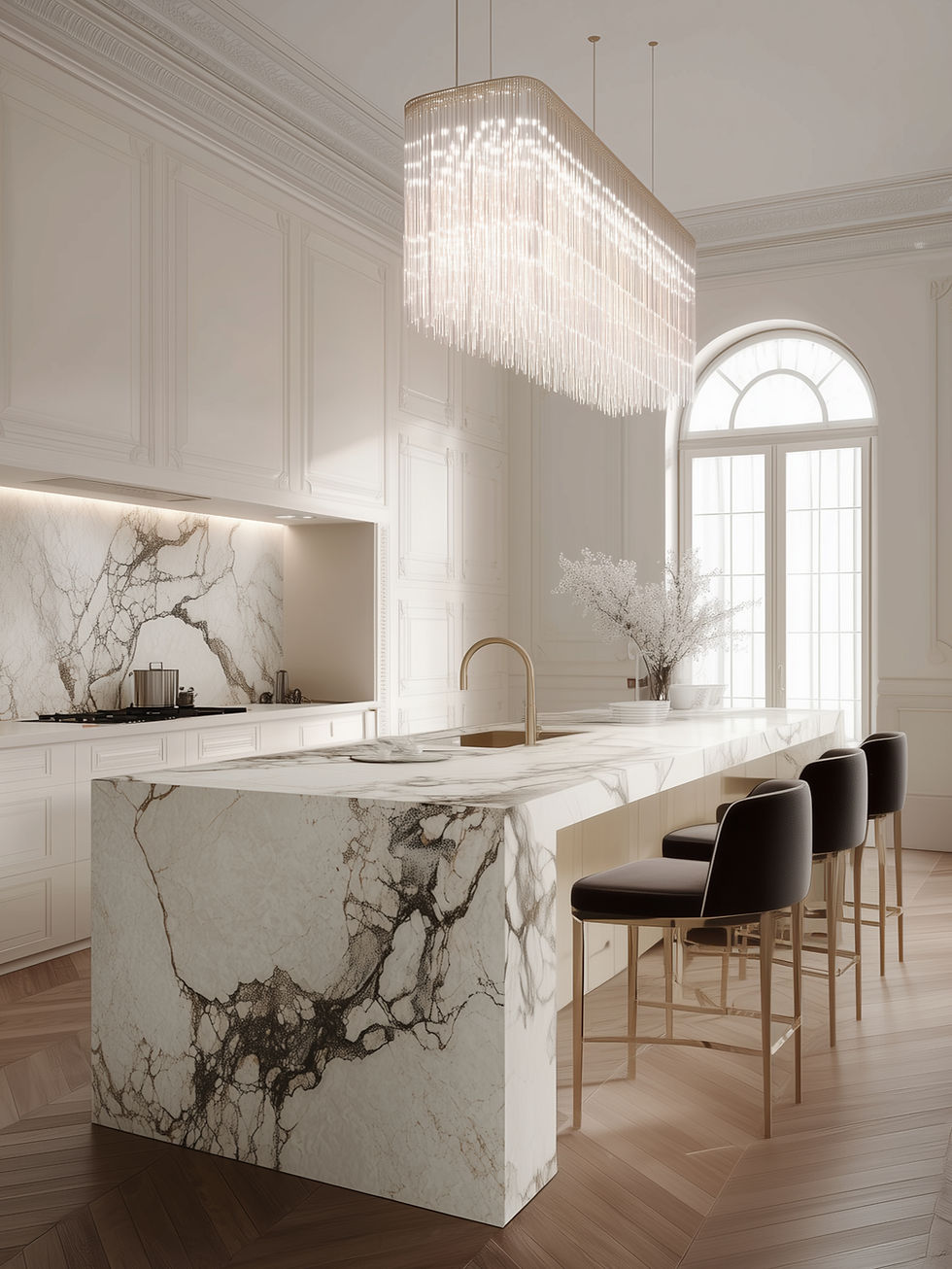 modern elegant white feature kitchen with marble waterfall island and large feature chandelier