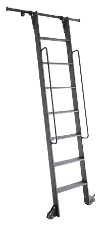 dark academia home library ladder. Black metal ladder with side rails and rungs, isolated on a white background.