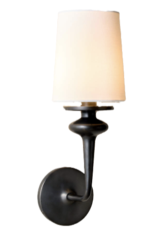 A black wall sconce with a white cylindrical lampshade emits soft light, set against a plain background. Elegant and minimalist design.
