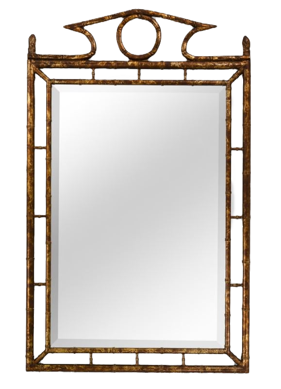 Decorative mirror with a bronze gothic style frame on a plain background.