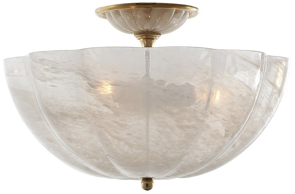 Elegant ceiling light fixture with a translucent, iridescent glass shade, scalloped edges and gold accents. Soft glow emanates from within.