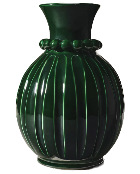 Dark green ceramic vase with vertical ridges and bead-like accents near the neck, set against a plain background.