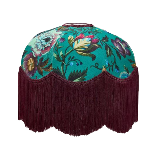 House of Hackney Florika Table Lampshade, Handcrafted in Great Britain, this velvet lampshade contrasts a petrol-blue colourway with a purple fringed trim.