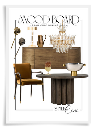 interior design Mood board for urban chic dining room with wooden table, amber velvet chair with wood frame and gold detailing, chandelier, and gold accents. Text: MOOD BOARD, STYLE by Cici.