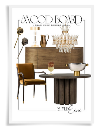 interior design Mood board for urban chic dining room with wooden table, amber velvet chair with wood frame and gold detailing, chandelier, and gold accents. Text: MOOD BOARD, STYLE by Cici.
