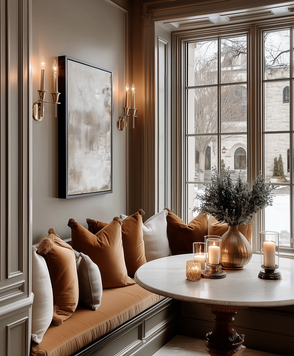 elegant dining niche with built in banquette seating, warm amber colored pillows, taupe walls, with art on the wall and sconces flanking the art. there is a winter scene outside the window and candles burning on top the dining table