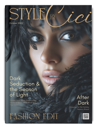 custom fashion magazine cover for october 2025 fall and winter fashion trends, fashion edit. upclose photo of a model with oranges and yellows and warm fall colors with magazine text and content headings, unique sweaters & fashion trends. dark seduction the season of light