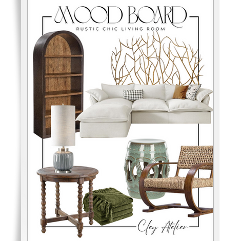 rustic chic living room interior design mood board with furnishings and décor