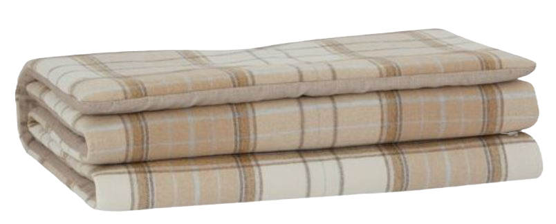 Folded beige plaid blanket stacked neatly with soft tan and cream stripes.