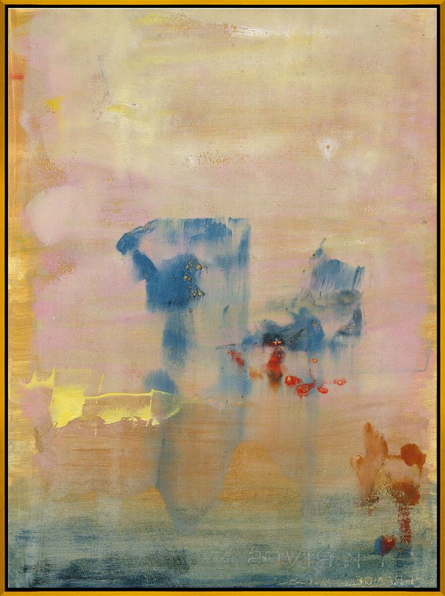 Abstract painting with soft pastel hues of pink, blue, and yellow. Smudges and strokes create a serene, dreamlike atmosphere.