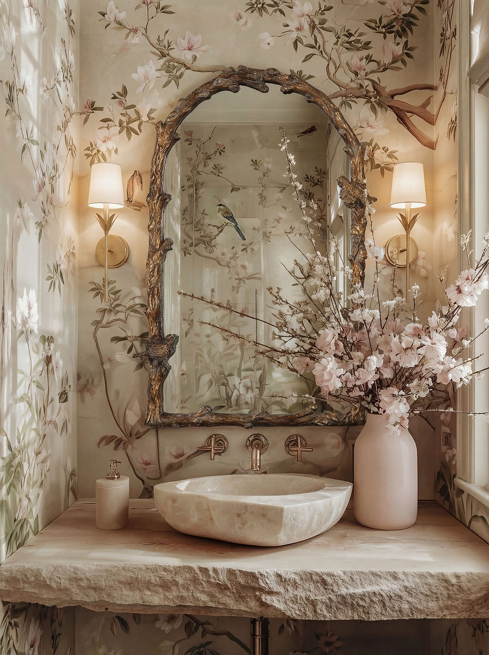 A luxurious whimsical powder room with floral wallpaper, ornate mirror, stone sink, and vase of pink flowers. Warm lighting creates an elegant, serene mood. a midsummer nights dream design concept