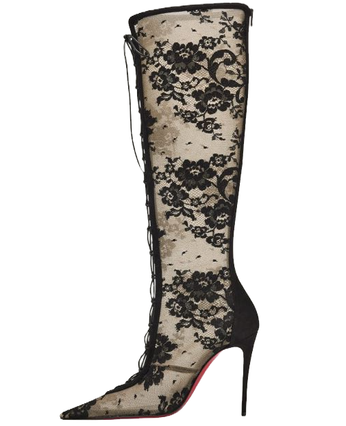 Christian Louboutin KM Lace Red-Sole Knee-High Boots, black lace tall stiletto boots 