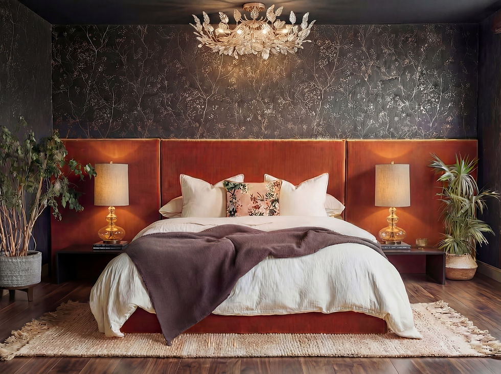 Cozy bedroom with a large oversized headboard bed in burnt orange velvet, floral pillow, and soft blanket. Orange lamps glow on side tables. Dark floral wallpaper adds elegance.