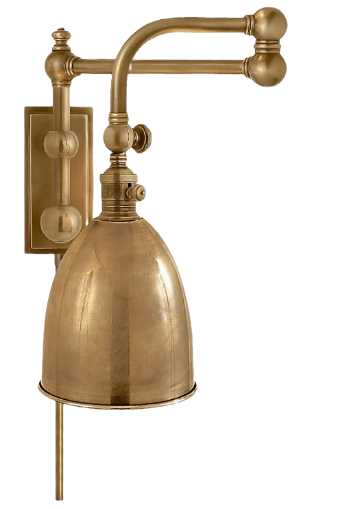 Brass wall-mounted lamp sconce with a bell-shaped shade and curved arm on a black background.