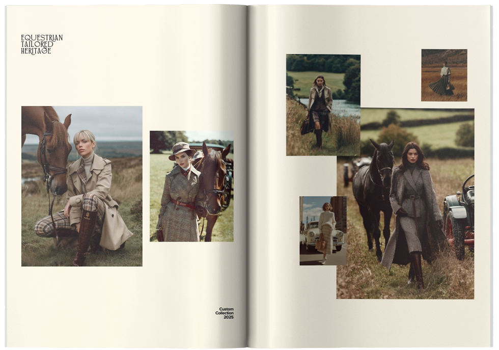 custom fashion magazine spread for fall fashion trends, pages show a collection of images of fashion models wearing Equestrian fashion such as burbury, tweeds, plaid, trench coats, riding boots, leather bags, horse riding clothing, riding girls, and there are horses and landscape backgrounds with the models.
