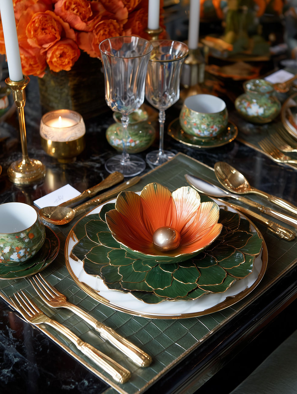 an unexpected table setting with orange flowers and a dark emerald green charger plus candlesticks, crystal ware and an asian inspired unique specialty tablescape. thanksgiving, christmas, holiday, place settings