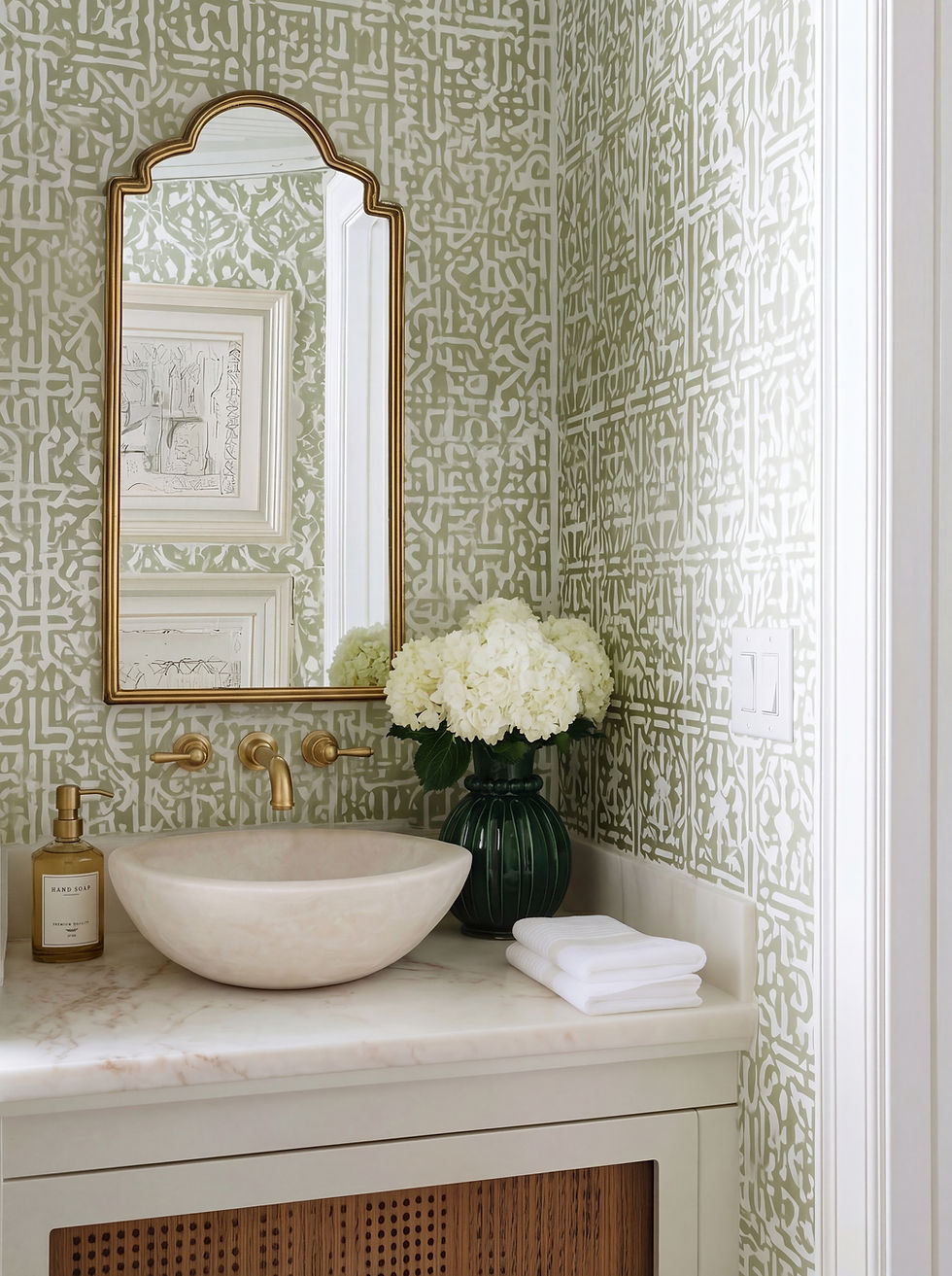 Elegant garden party powder room, a bathroom with soft green patterned wallpaper, a gold-framed mirror, marble sink, green vase with white flowers, and "HAND SOAP" bottle.