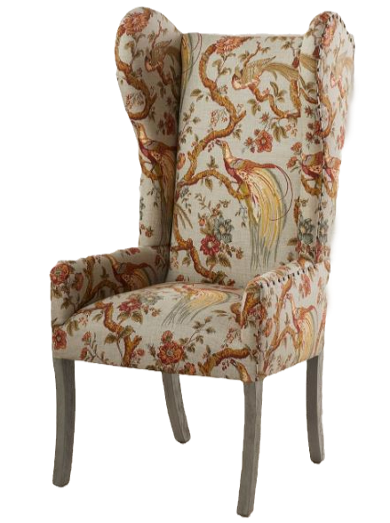 Floral upholstered old english manor wingback chair with curved arms and legs, shown on a plain background.