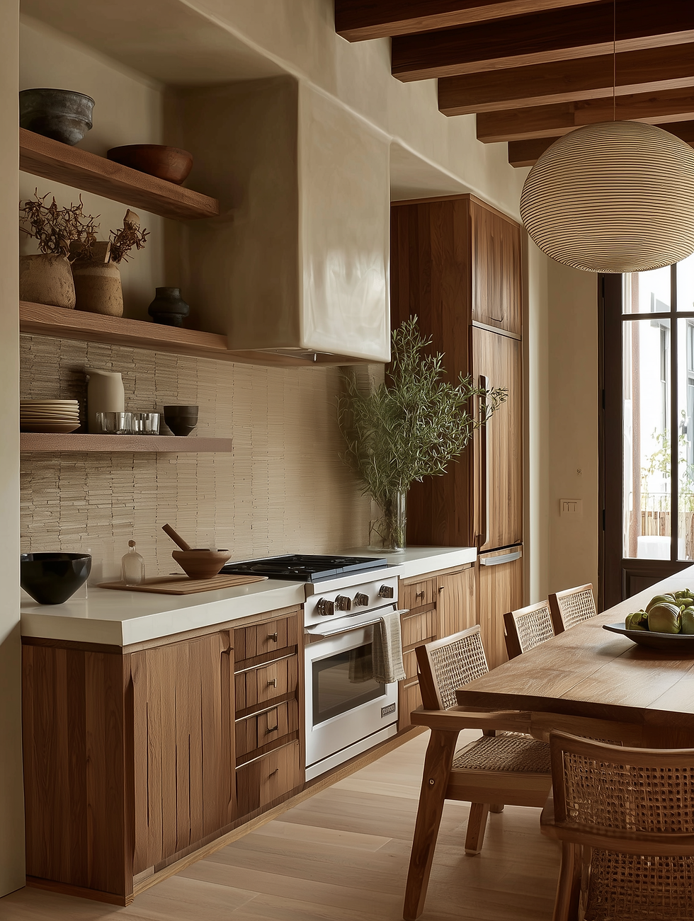 modern organic kitchen in medium and dark wood tones. natural materials, wood beams, luxury plaster stove hood and open walnut shelving
