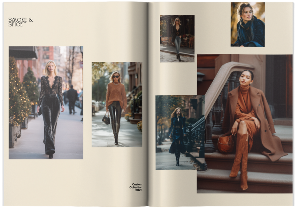 custom fashion magazine spread for fall and winter fashion trends, pages show a collection of images of fashion models wearing smoke and spice colored everyday fashion from comfortable sweaters to a night out. work to dinner fashion trends . models are photographed on the streets of new York in the fall