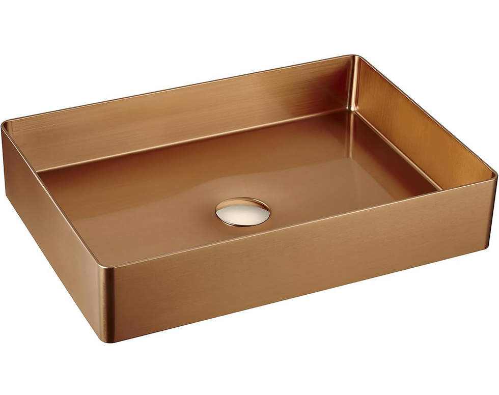 aged copper rectangular vessel sink with a center drain, smooth finish