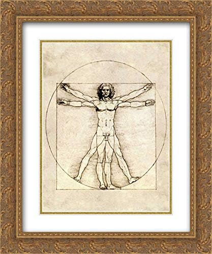 Framed Vitruvian Man sketch by Leonardo da Vinci, a nude male figure in circle and square on aged paper, sepia tones.