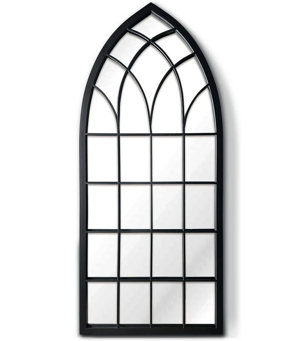 Black arched windowpane mirror with gothic-style grid, hanging on a white wall against a clean, minimal background