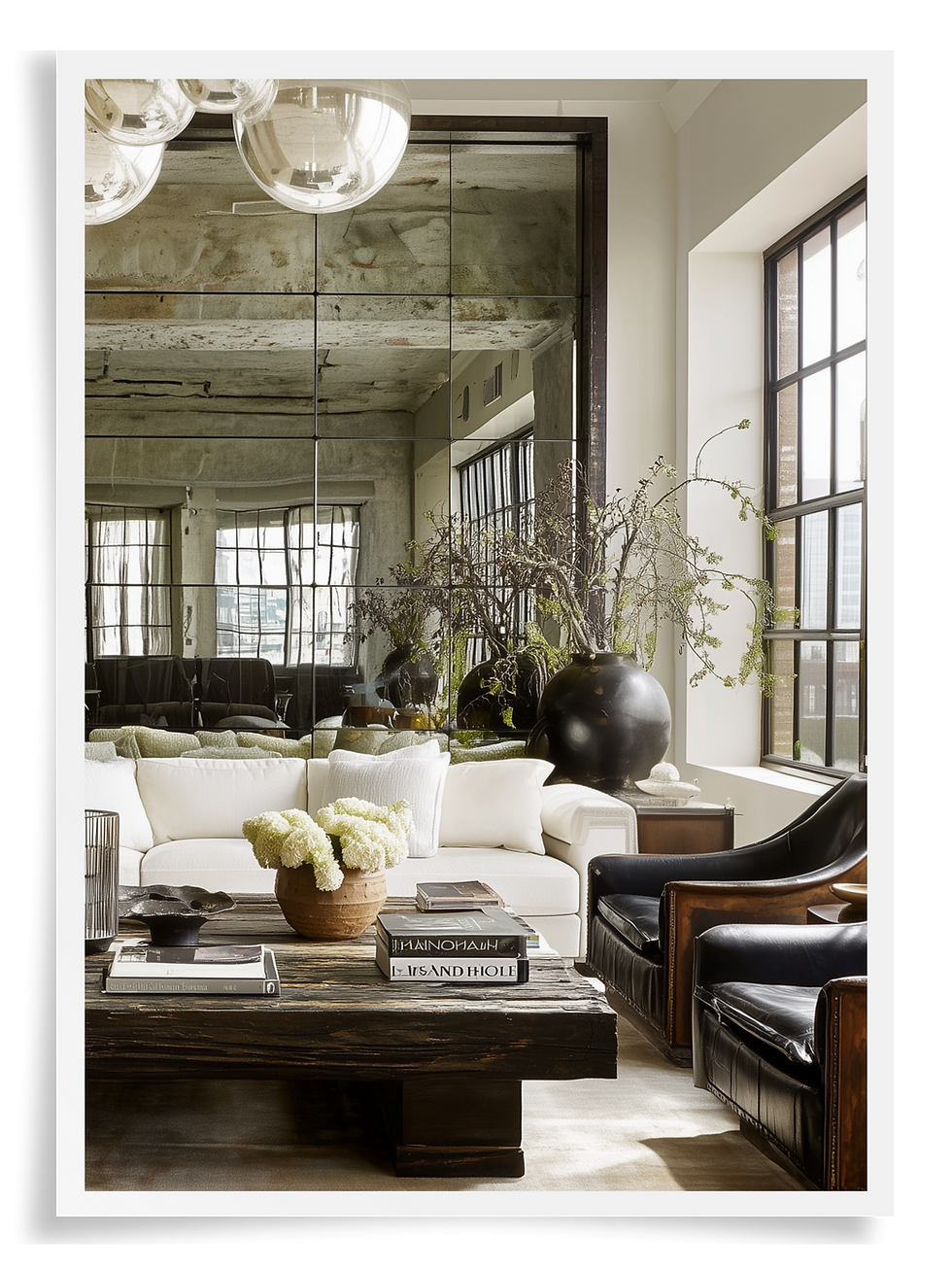 industrial glam layered living room interior space with a feature furnishings and decor
