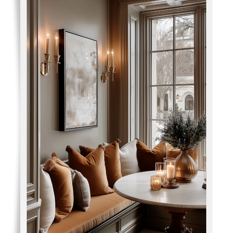 elegant dining niche with built in banquette seating, warm amber colored pillows, taupe walls, with art on the wall and sconces flanking the art. there is a winter scene outside the window and candles burning on top the dining table