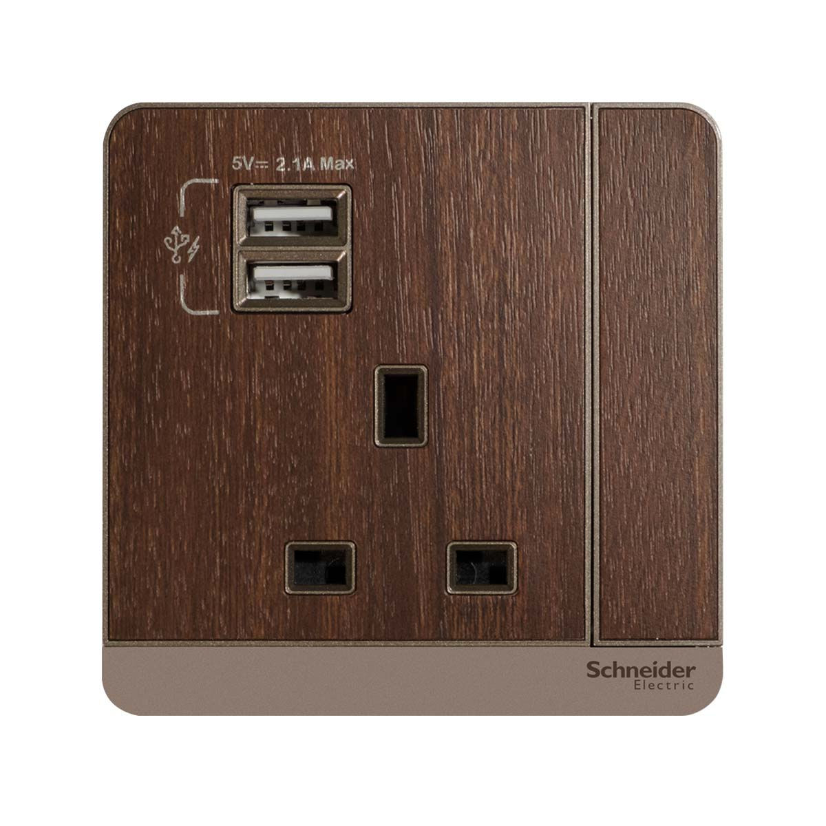 施耐德 AvatarOn 胡桃木 13A單蘇有掣連Type A USB 插座