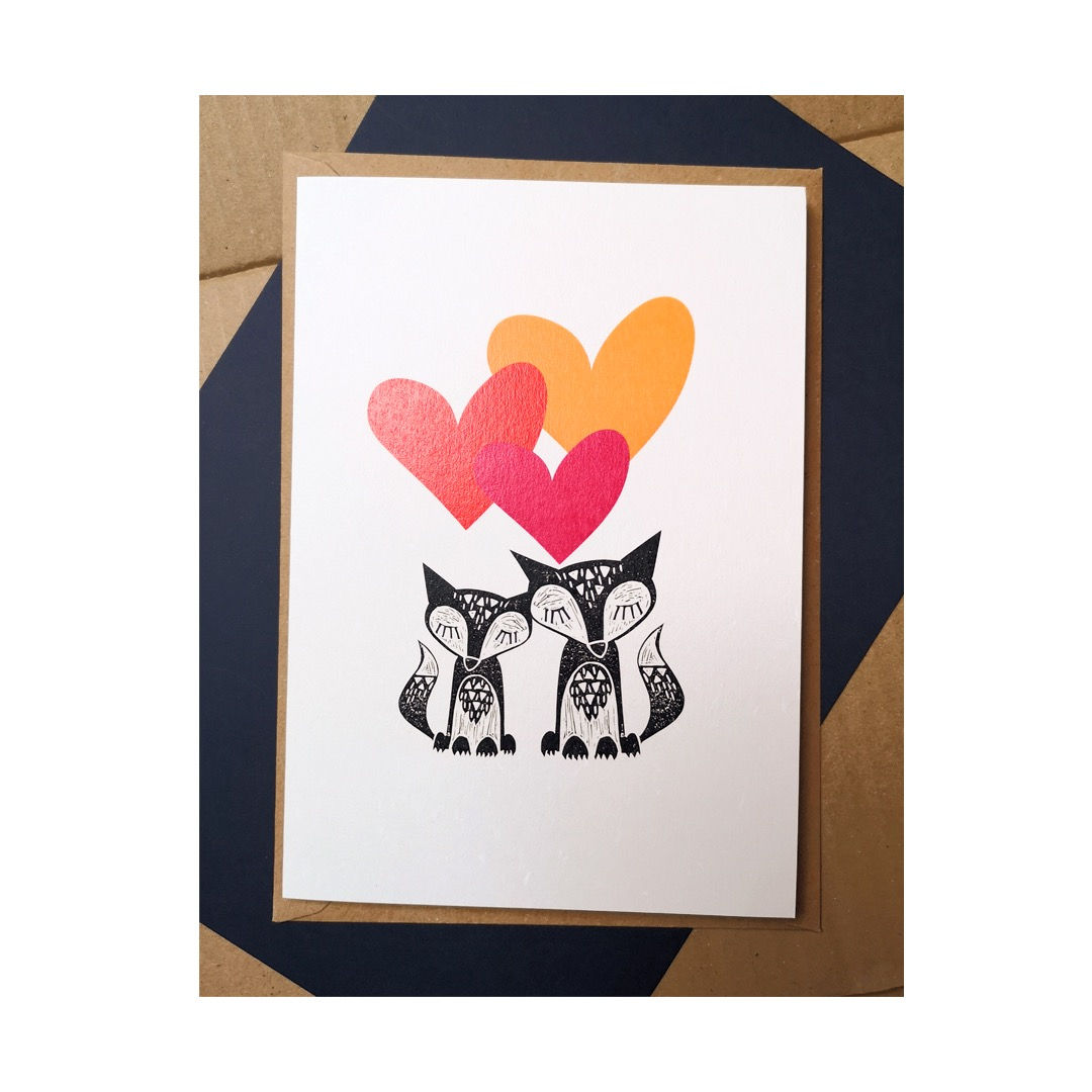 Fox Trio Hearts A5 Greetings Card