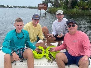 Four men sit on the deck of a boat, holding freshly harvested scallops and smiling at the camera.