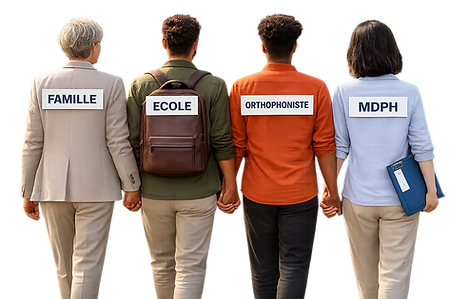 École, MDPH, famille et professionnels se tenant la main pour symboliser la coordination entre tous les acteurs du parcours T