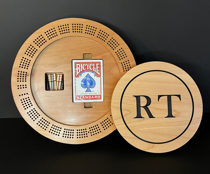 Round woodwork crib board. Custom designed with RT logo