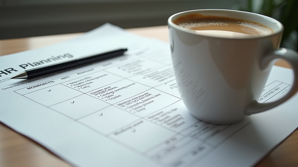High angle view of a desk with HR planning documents and a cup of coffee