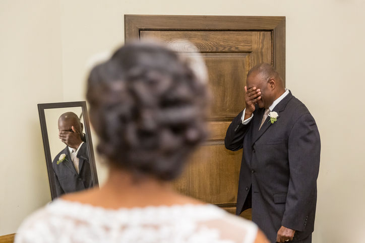 first look with dad at Columbus Ohio wedding in bridal suite dad cry