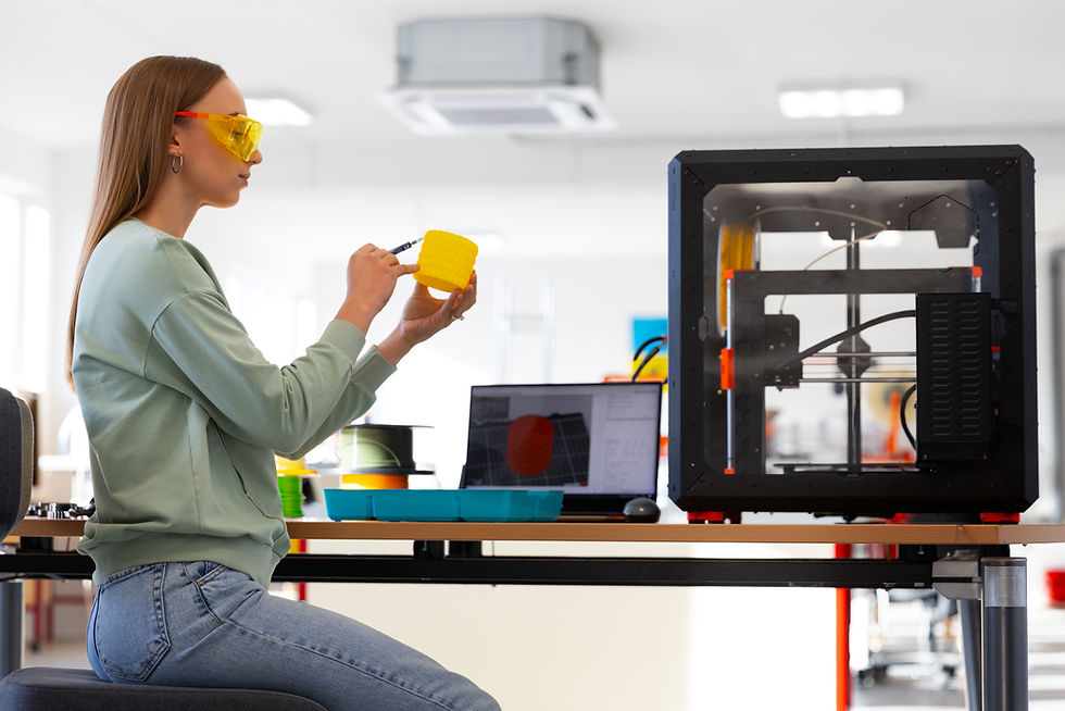 A woman examines a freshly printed 3D object, showcasing the innovative potential of 3D printing technology.