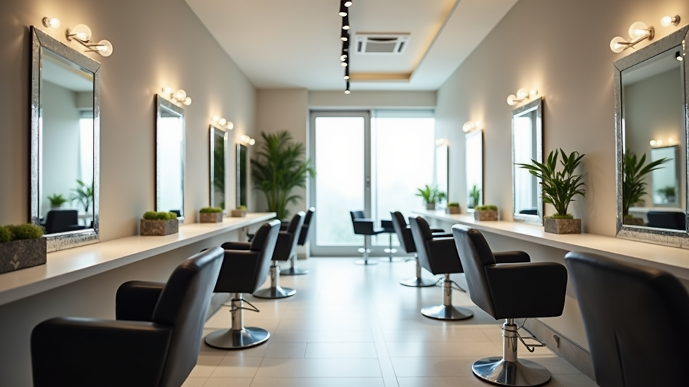 Eye-level view of a modern hair salon interior with clean styling stations