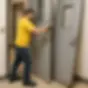Fire door replacement Technician in yellow shirt installs a new metal fire door in a commercial building for fire safety compliance.