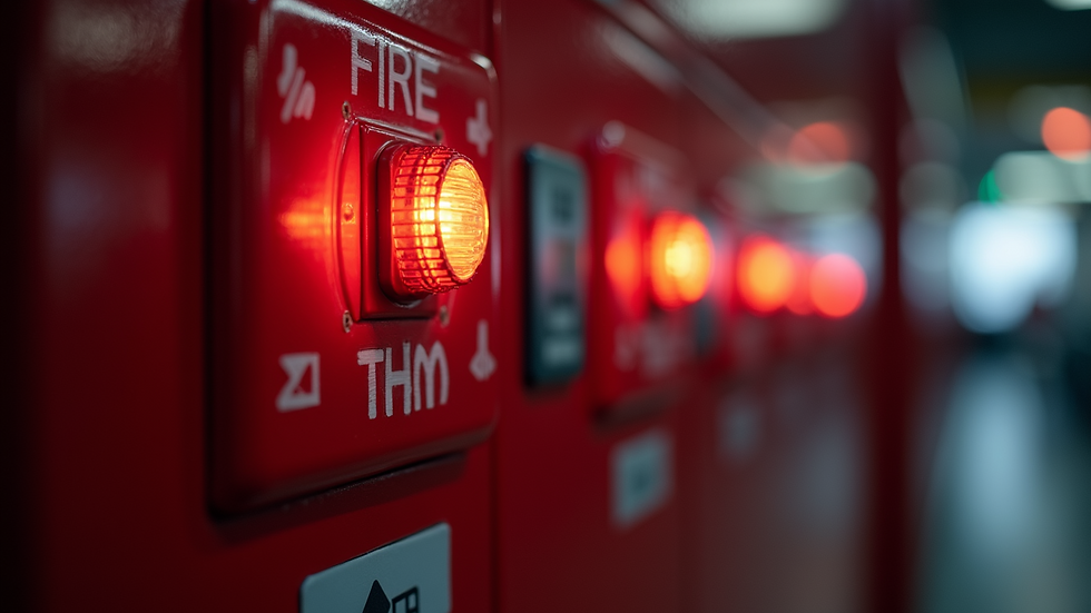Close-up view of fire alarm panel with indicator lights