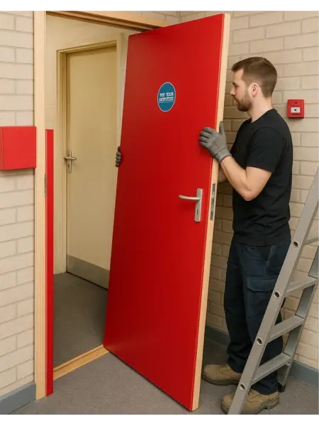 Man installing red fire door