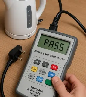 Portable appliance tester shows PASS; kettle safety check