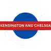 Roundel-style logo for the London Borough of Kensington and Chelsea, featuring a blue circle inside a white ring on a navy background, with the borough name in bold white text on a red banner.