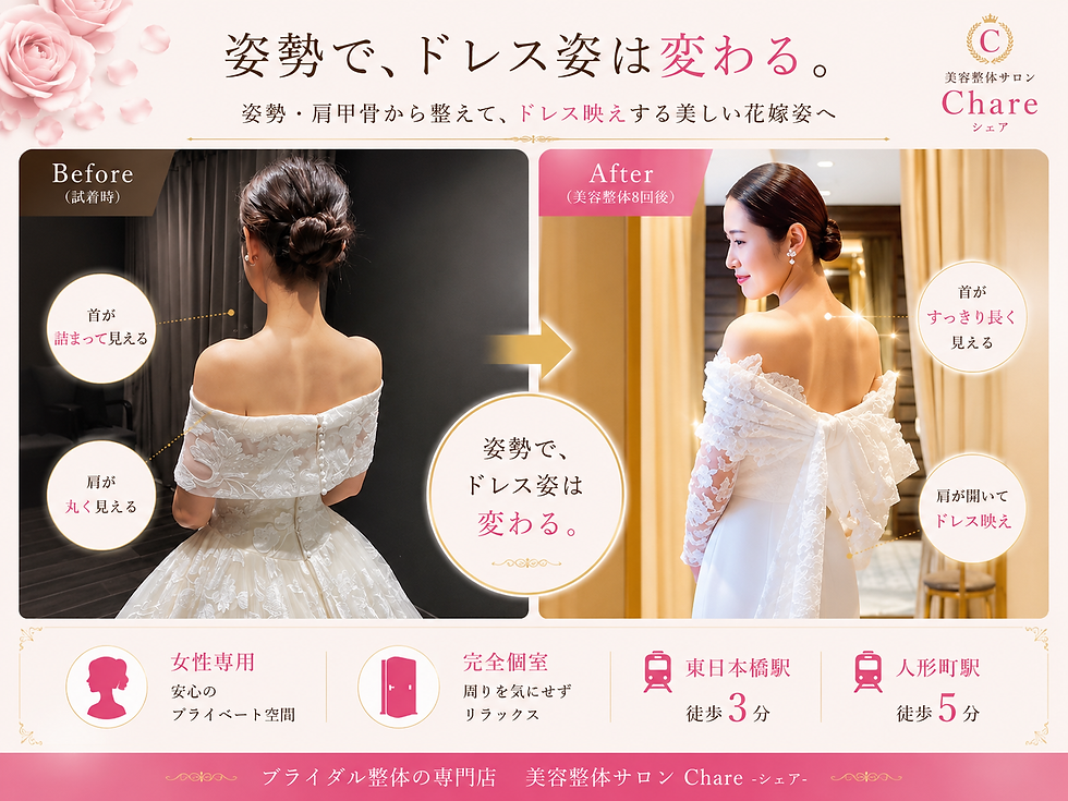 「ドレス試着で後ろ姿を見たら、肩甲骨が見えなかった」