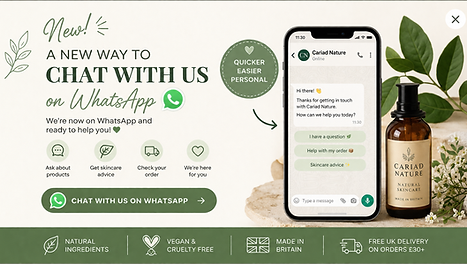 A banner telling customers to use whatsapp to ask questions and get information on the cosmetic products